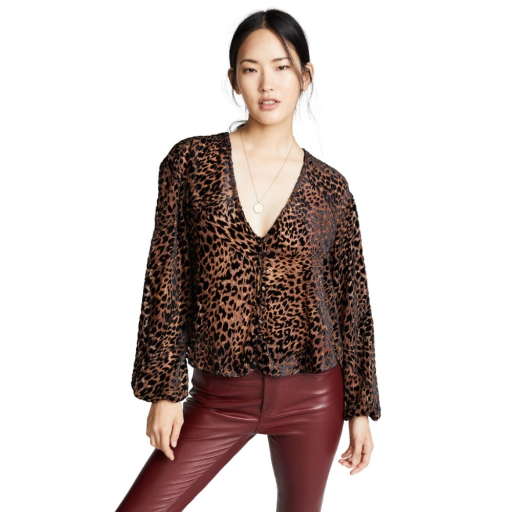 Free People Wild Dreams Velvet Leopard Print Blouse, Brown & Black, Size XS
